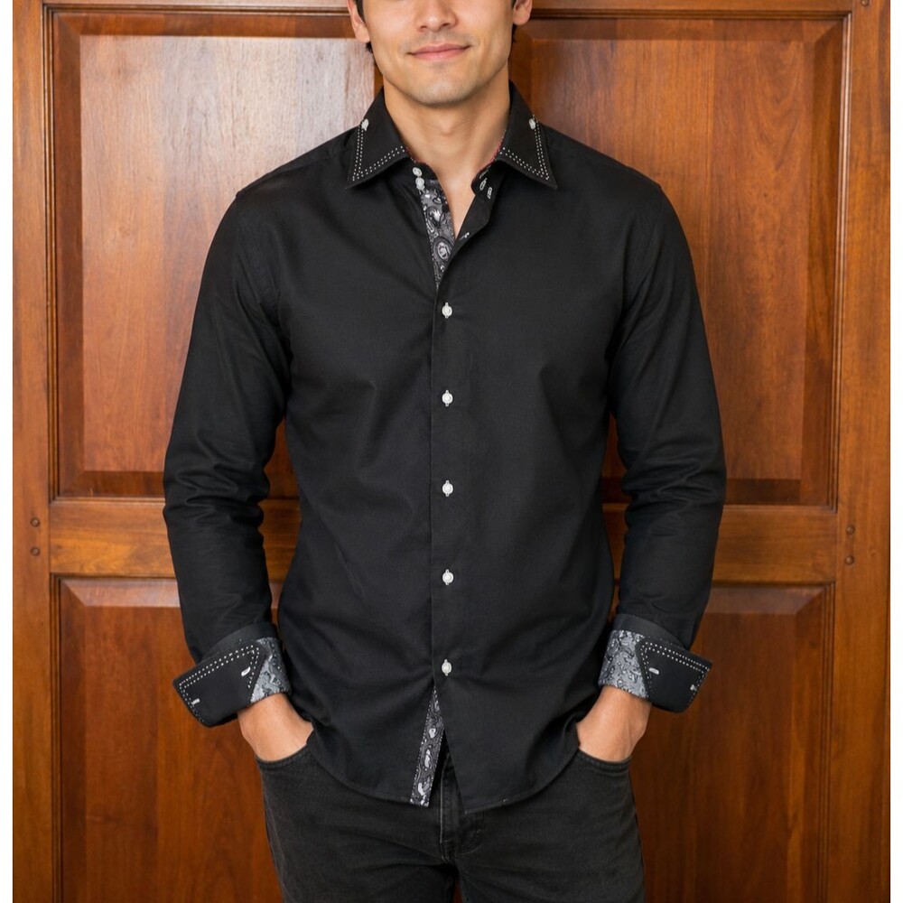AXXESS Men's Black Pure Cotton Long Sleeve Shirt Paisley Western Rockabilly  XL